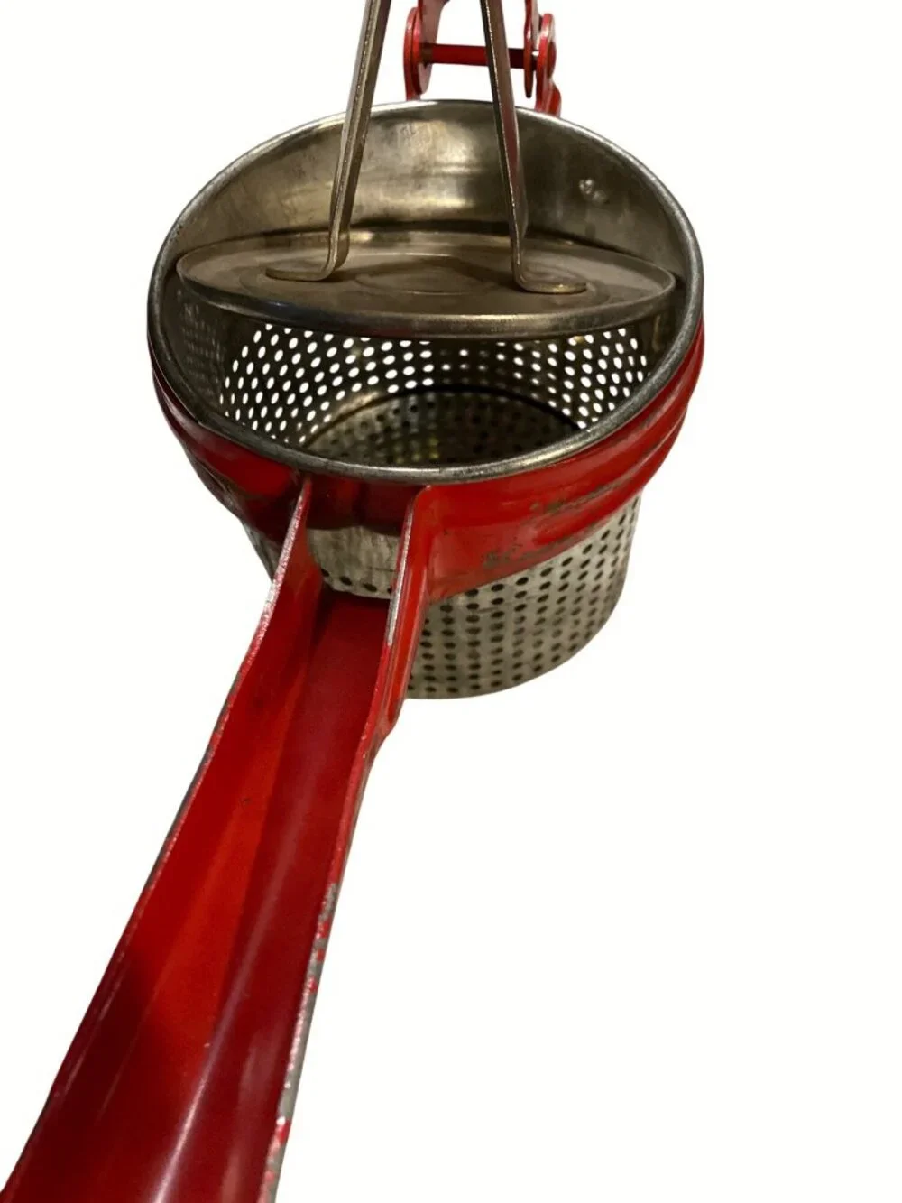 Red Metal Potato Ricer With Perforated Basket And Press Handle Vintage